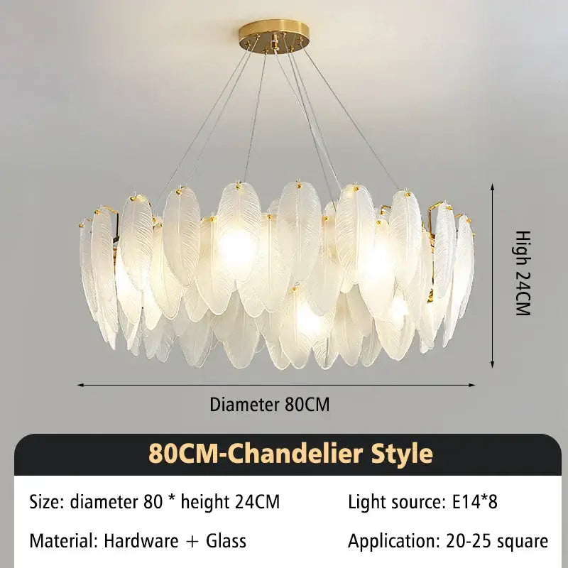 Elegant white glass feather chandelier with gold-toned hardware 80cm diameter 24cm high for living room pendant lighting