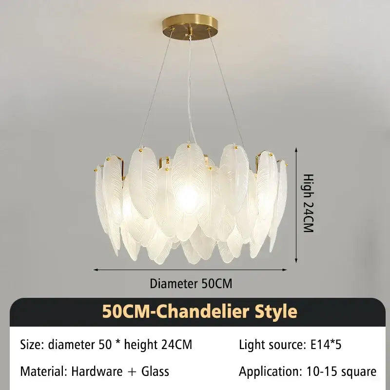 Elegant 50cm modern glass feather chandelier with translucent white glass shades and gold-toned brass hardware for living room