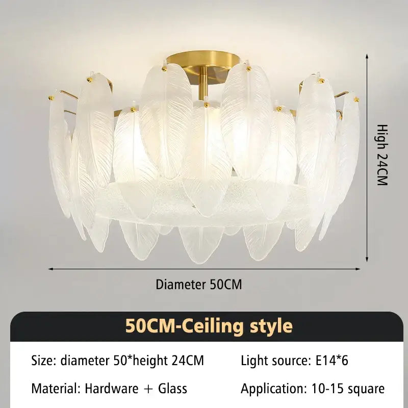 Modern glass feather chandelier with delicate white glass feather design and gold-toned brass pendant light fixture