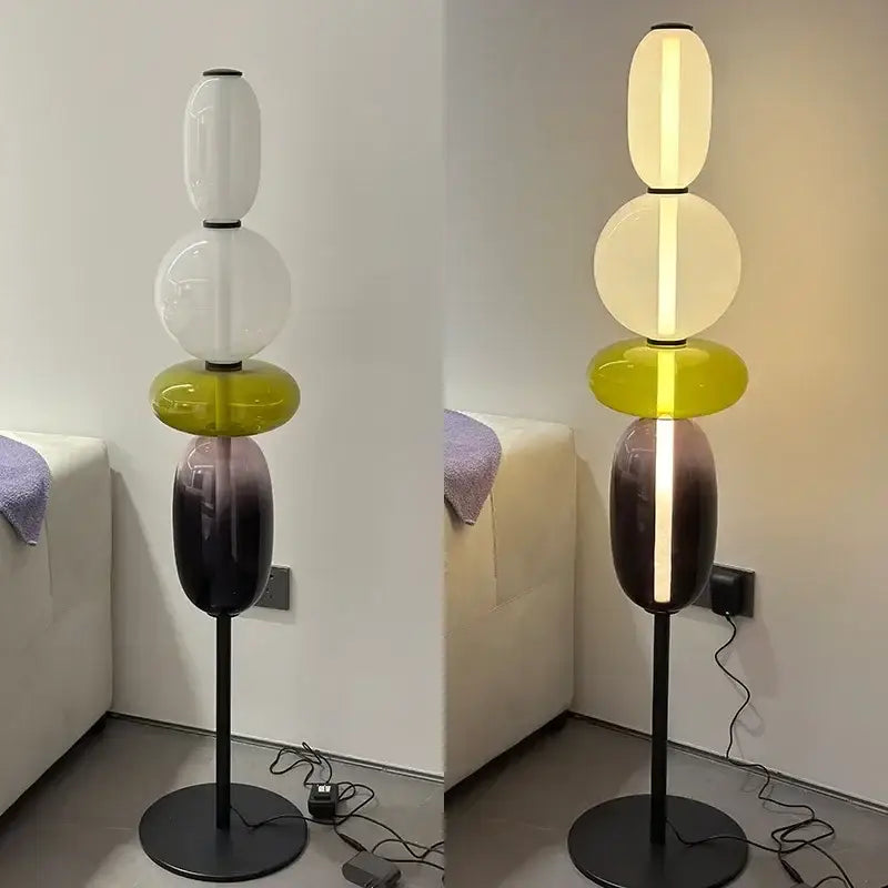Modern glass floor lamp set of 3 with stacked translucent glass orbs in white yellow and purple on black metal stand floor lamp led