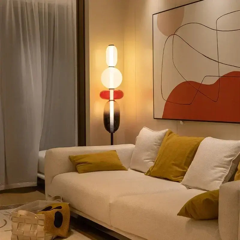 Modern glass floor lamp set of 3 with stacked spherical white red and black shades for living room led lighting