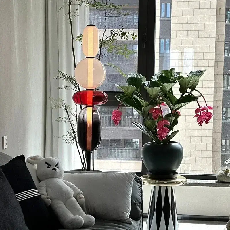 Modern glass floor lamp set of 3 with stacked translucent cream red and dark glass orbs for living room led lighting