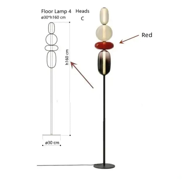 Modern glass floor lamp set of 3 featuring four stacked translucent cream and red glass bulb heads on black metal stand