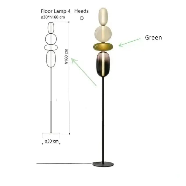 Modern glass floor lamp set of 3 featuring four stacked translucent glass globes in green and amber with led lighting