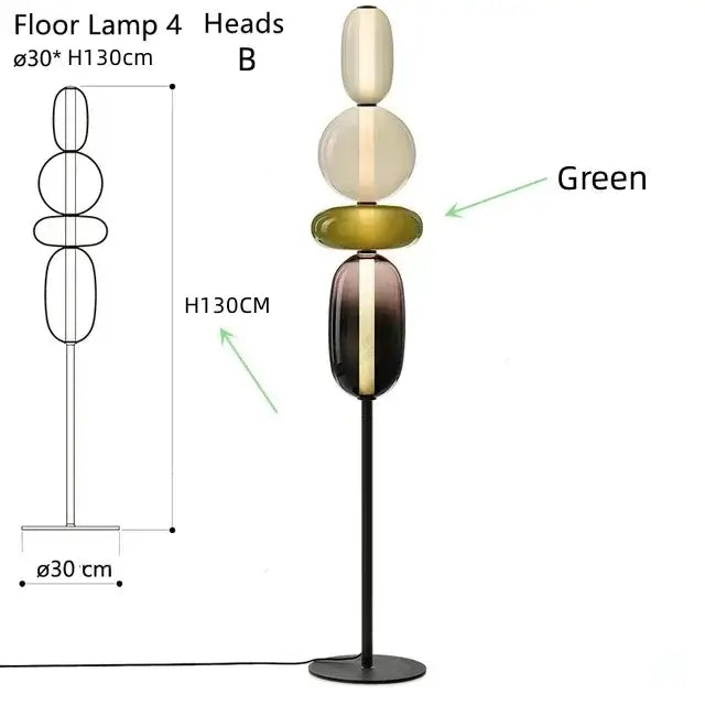 Modern glass floor lamp with four stacked oval shades in cream olive green and dark amber for living room led lighting