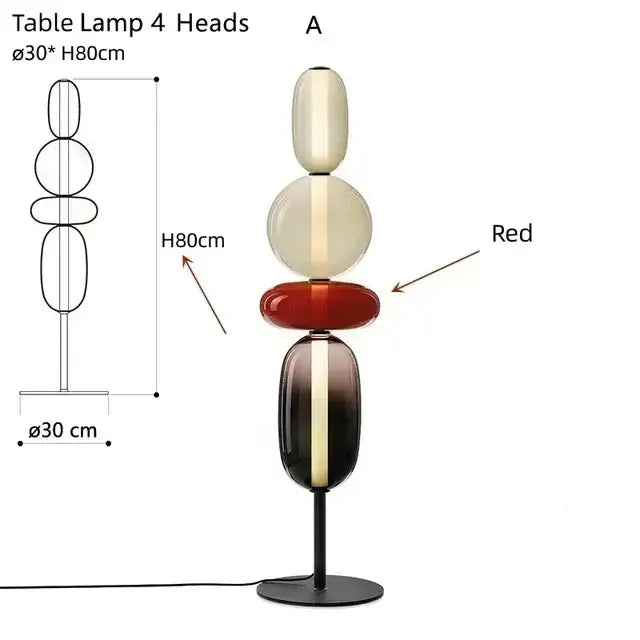 Modern glass floor lamp set of 3 featuring a sleek black base with four cream, red, and dark gradient glass heads floor lamp led