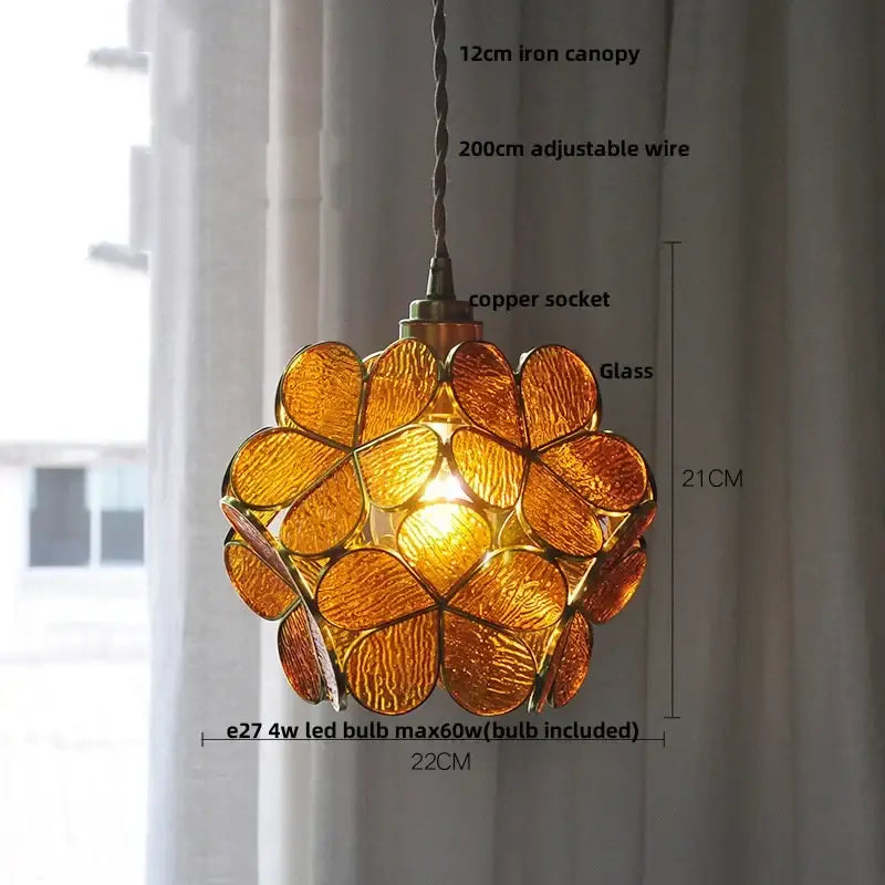 Modern amber-colored glass flower led pendant light with floral design and copper socket for dining room lighting