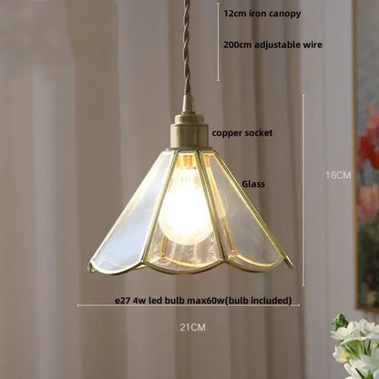 Antique brass-finished glass flower led pendant light with scalloped panels and adjustable copper socket for dining room