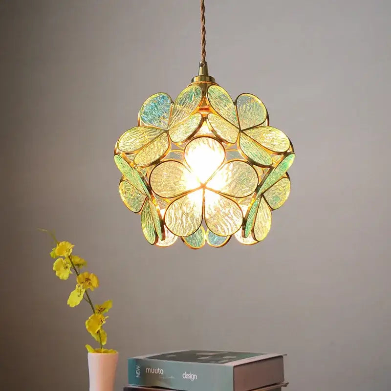 Modern glass flower led pendant light with translucent green and yellow glass petals for dining room illumination