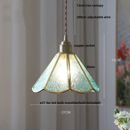 Modern glass flower led pendant light with textured translucent turquoise glass shade and brass trim for dining room