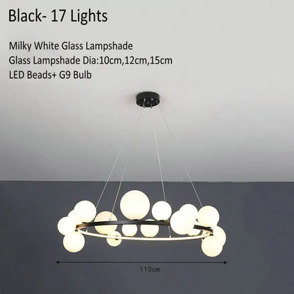 Modern glass chandelier lamp with 17 milky white glass lampshades in black and gold for kitchen island lighting