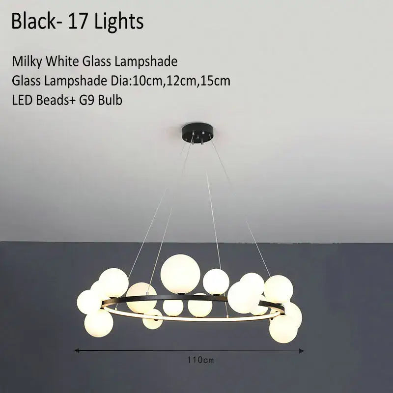 Modern glass chandelier lamp with 17 milky white glass lampshades in black and gold for kitchen island lighting