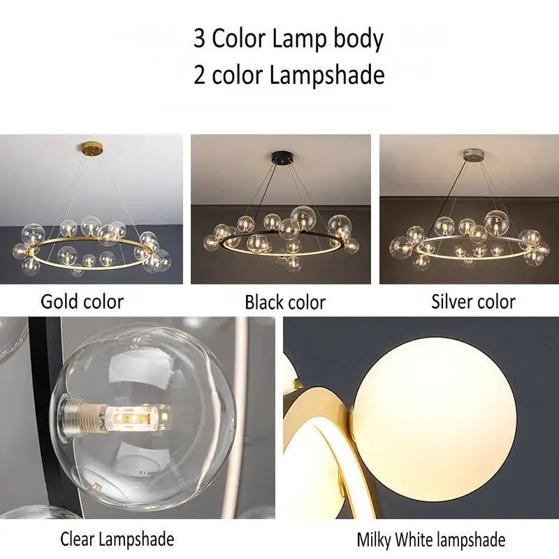 Modern glass chandelier lamp with circular frame and clear glass globes in black and gold for kitchen island lighting