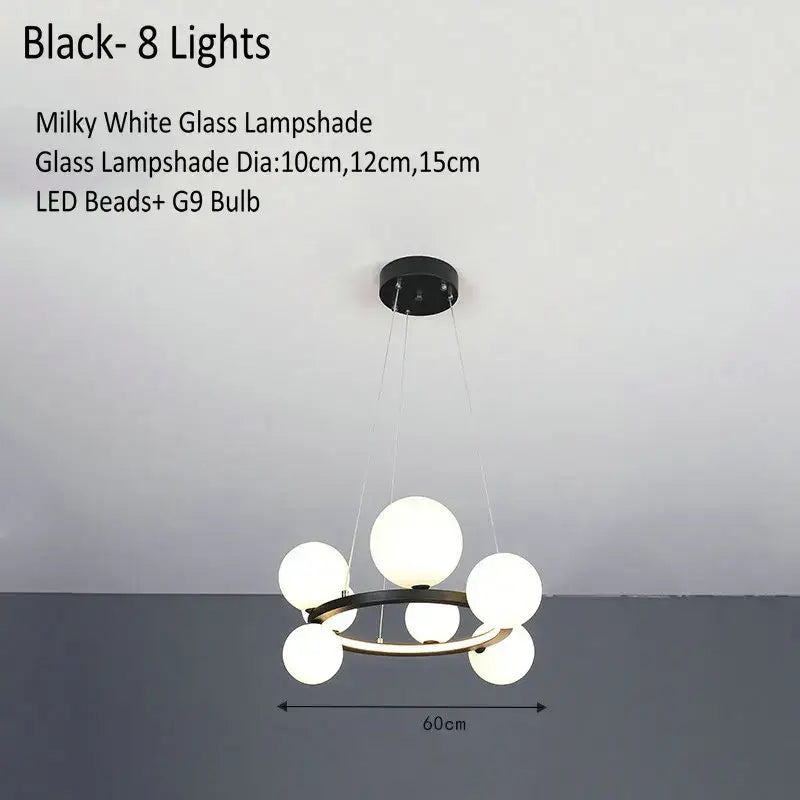 Modern black metal glass chandelier lamp with eight milky white glass globe lampshades for kitchen island lighting