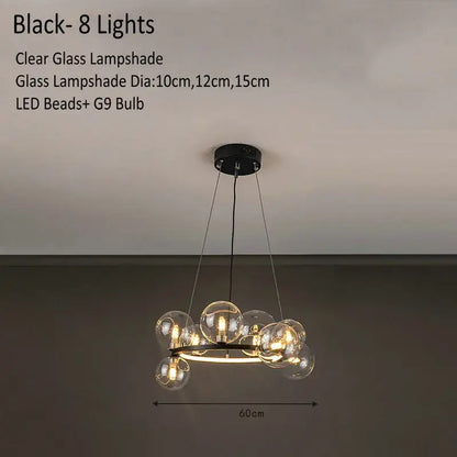 Modern glass chandelier lamp black with clear glass lampshades and led beads for kitchen island lighting