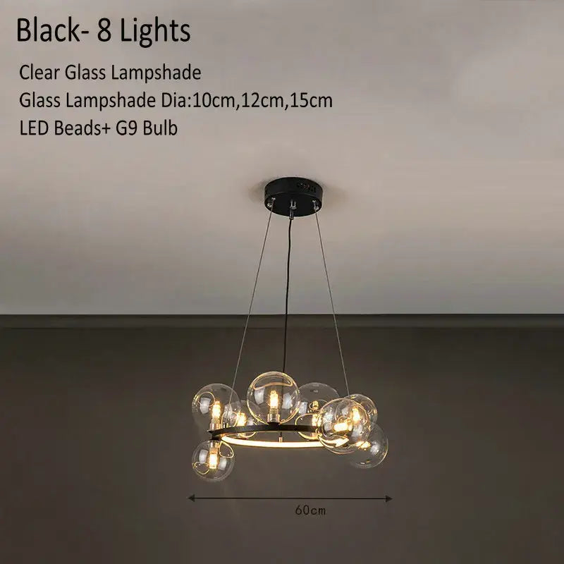 Modern glass chandelier lamp black with clear glass lampshades and led beads for kitchen island lighting