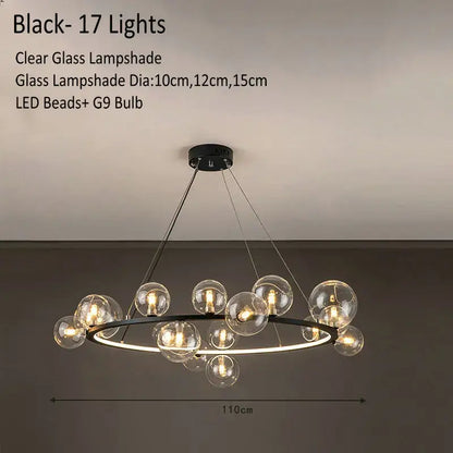 Black modern glass chandelier lamp with 17 clear glass lampshades and led beads for kitchen island lighting
