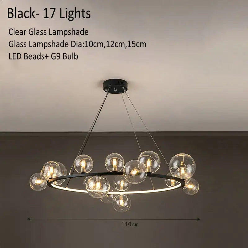 Black modern glass chandelier lamp with 17 clear glass lampshades and led beads for kitchen island lighting