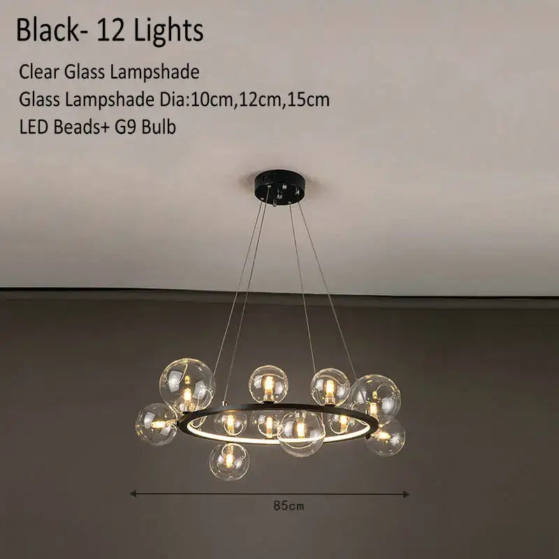 Black modern glass chandelier lamp with clear glass lampshades and LED beads for kitchen island lighting