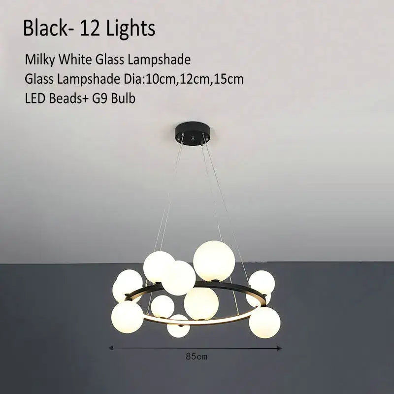 Black modern glass chandelier lamp with twelve milky white glass shades suspended for kitchen island lighting