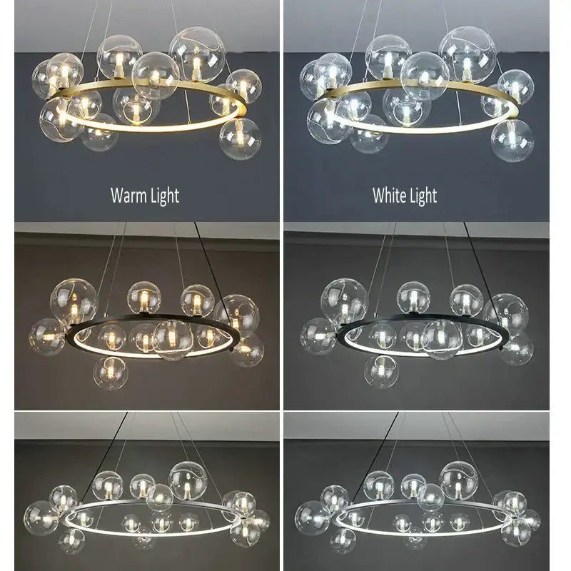 Modern glass chandelier lamp with circular frame and clear glass spheres in black and gold for kitchen island lighting