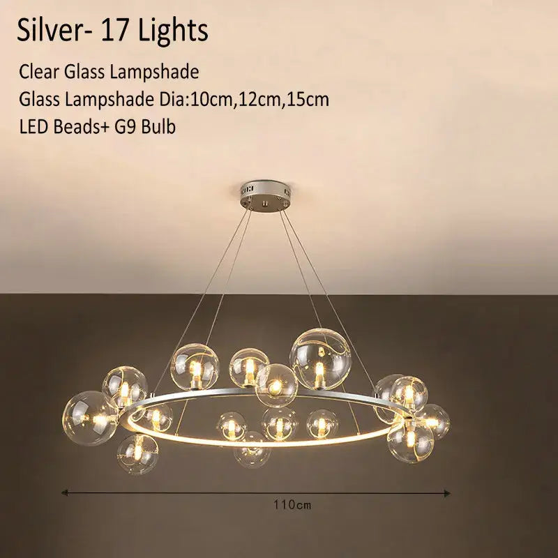 Silver modern glass chandelier lamp with 17 clear glass globes suspended from circular frame for kitchen island lighting