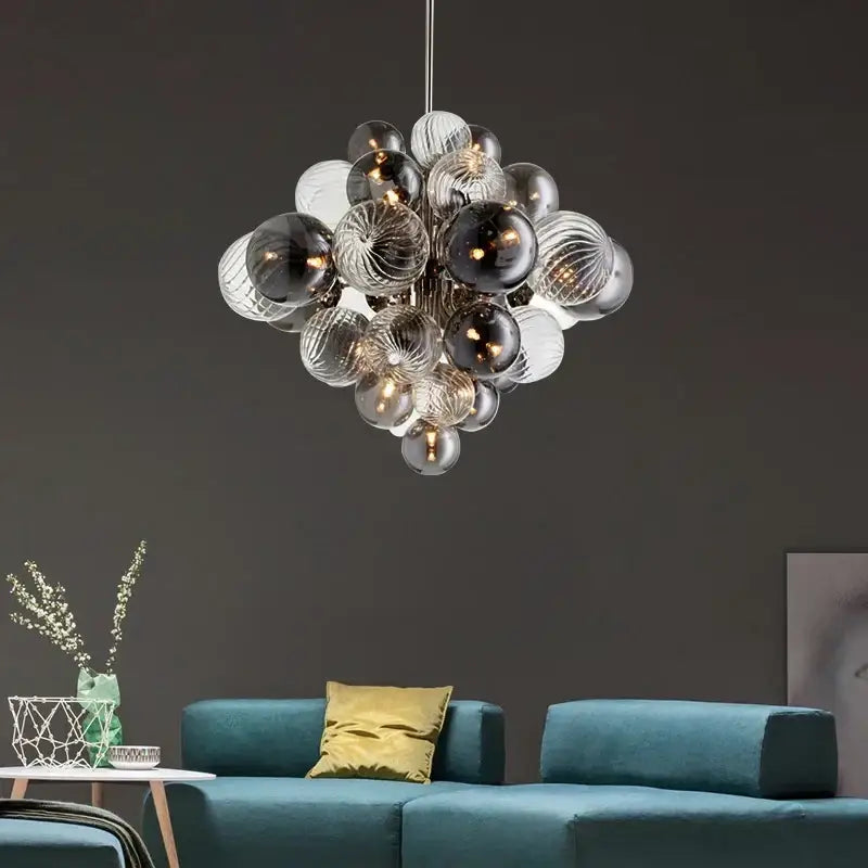 Modern glass globe led chandelier with ribbed clear frosted white and dark gray spherical bulbs for living room decorbites glass globe