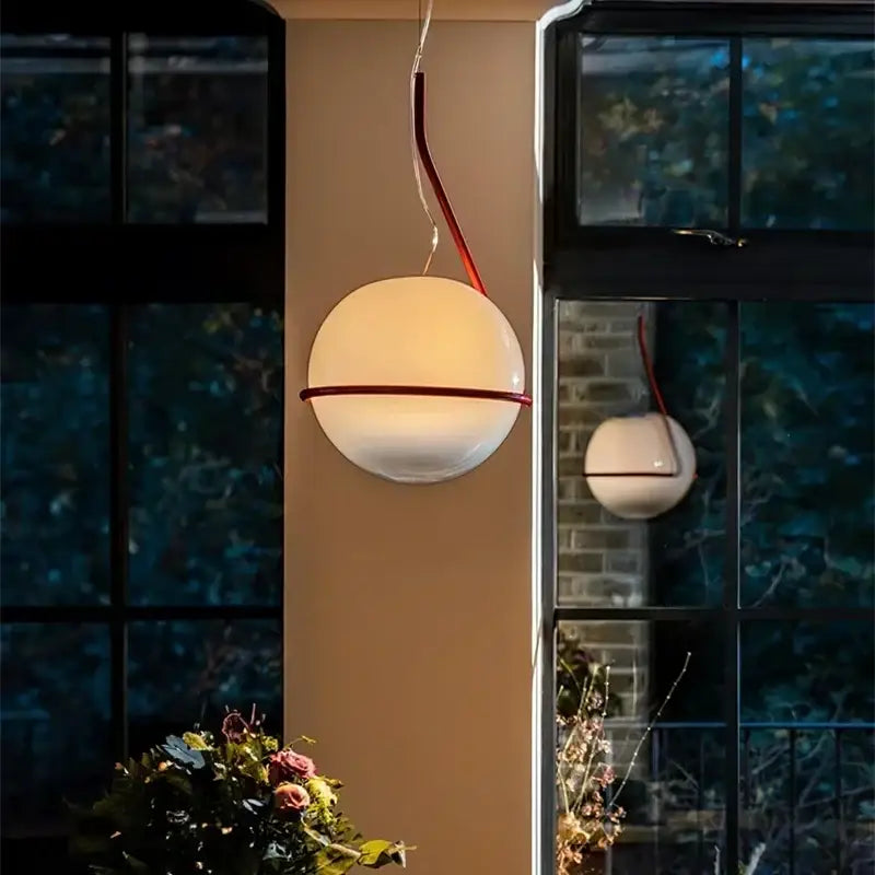 Modern glass globe pendant lamp with sleek white spherical glass globe and red accent bands for kitchen island decorbites glass globe pendant lamp