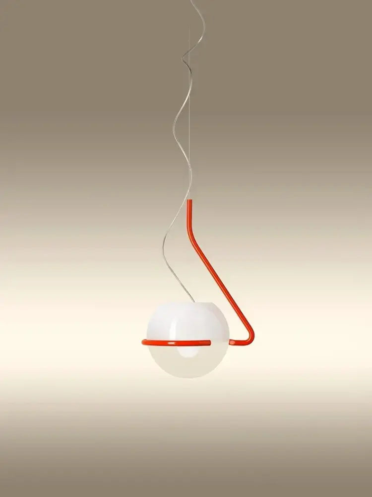 Modern pendant lamp with white glass globe shade suspended by curved red metal frame and twisted silver cable for kitchen island decorbites glass globe pendant