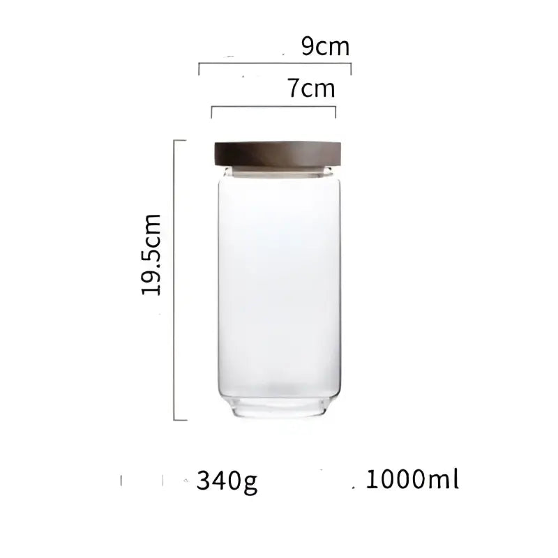 Clear glass hermetic storage jar with dark brown wooden airtight lid 19.5cm tall 1000ml decorbites glass hermetic jar