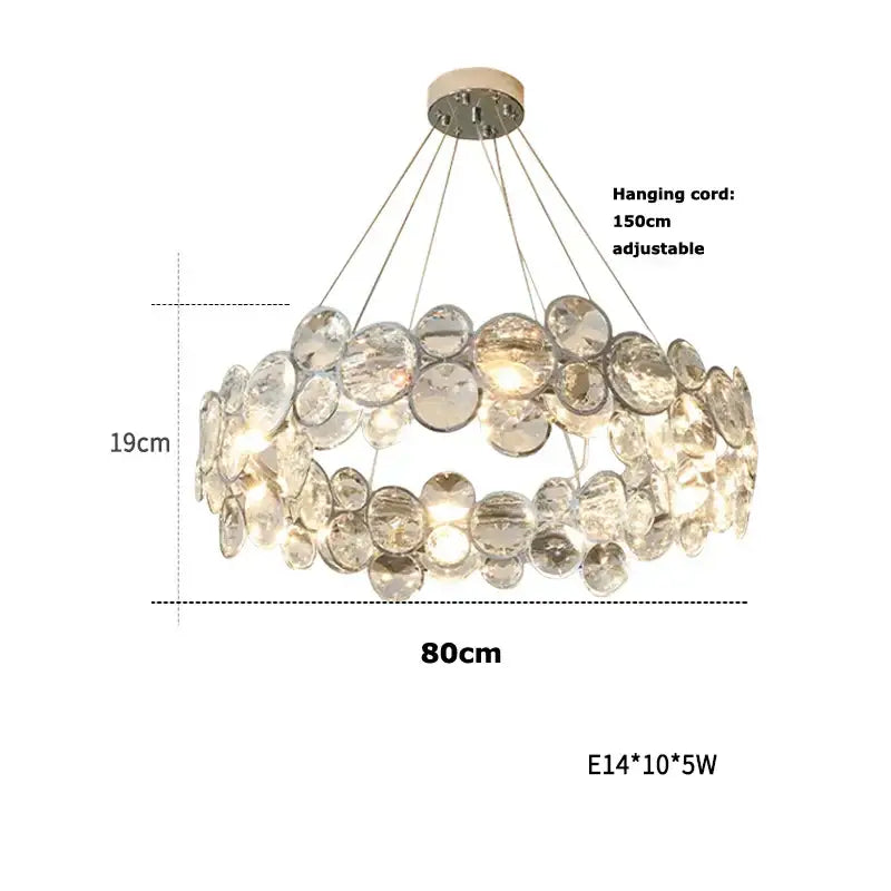 Modern glass orb pendant light with chrome finish and multiple tiers of clear faceted glass discs decorbites crystal magic ring