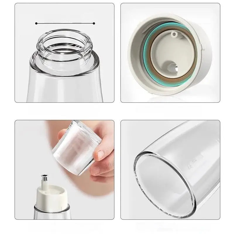 Clear glass seasoning bottle with white and teal silicone-lined lid from modern glass seasoning bottle set with pump