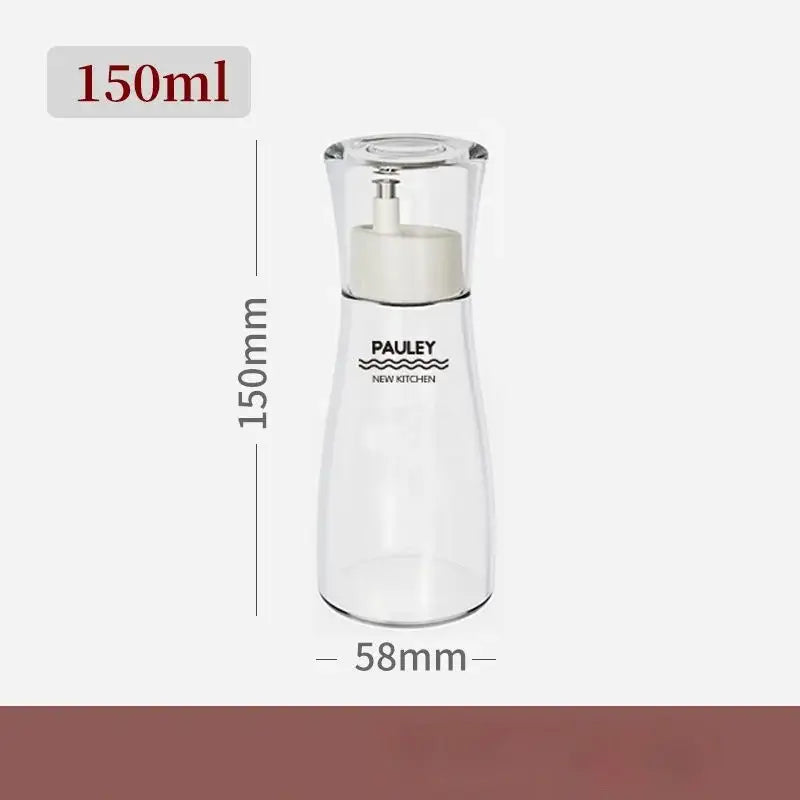 Clear glass 150ml seasoning bottle with white pump and pauley new kitchen branding in modern glass seasoning bottle set