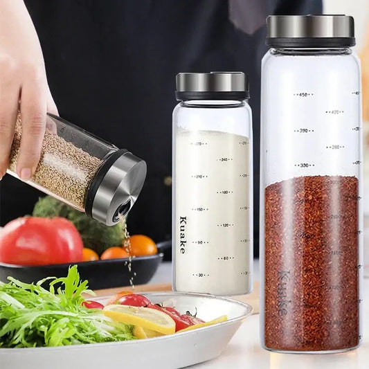 Clear glass seasoning spice shaker salt with silver lid and measurement markings branded kuake for kitchen storage
