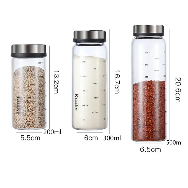 Modern glass seasoning spice shaker salt bottles with stainless steel lids labeled kuake and volume measurements