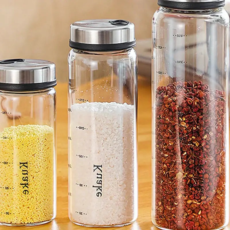Clear glass seasoning spice shaker salt bottles with stainless steel lids labeled kuske for kitchen storage