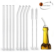 Modern glass straw set with clear curved and straight decorbites glass straws, metal cleaning brushes, and oil dispenser