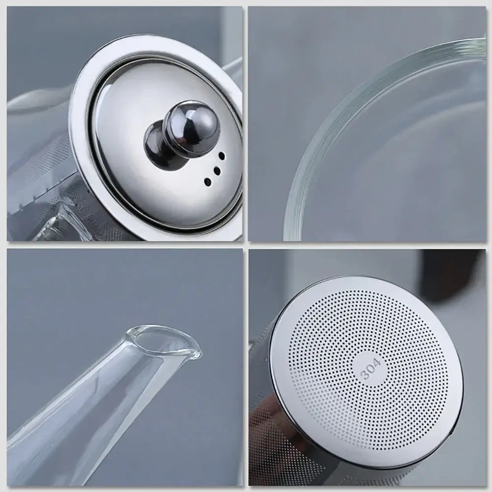Modern clear glass tea infuser pot with polished stainless steel lid and engraved 304 base for filtered tea brewing