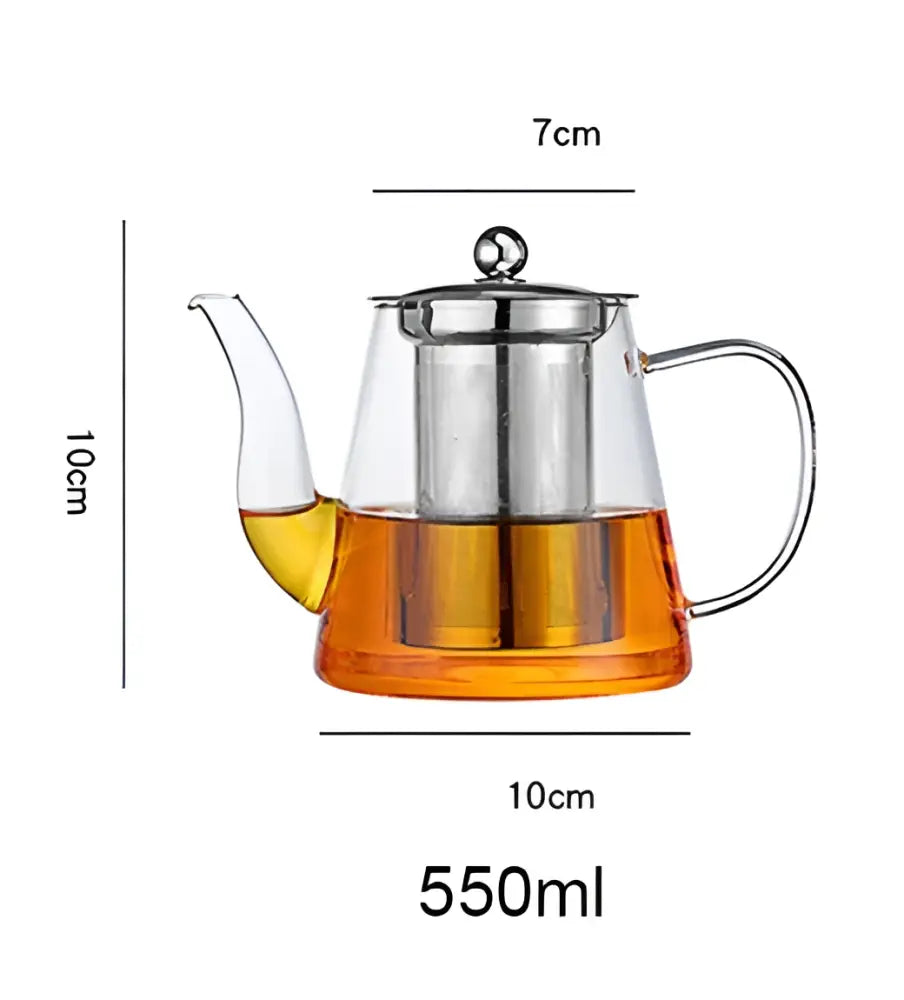 Modern clear glass tea infuser pot with stainless steel infuser and lid holding 550ml amber tea for filtered brewing