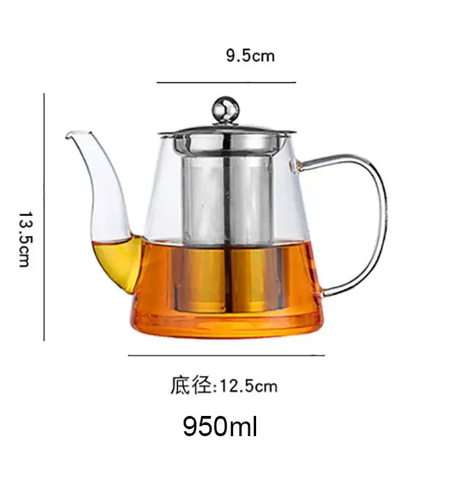 Modern clear glass tea infuser pot with stainless steel lid handle and built-in filter 950ml capacity