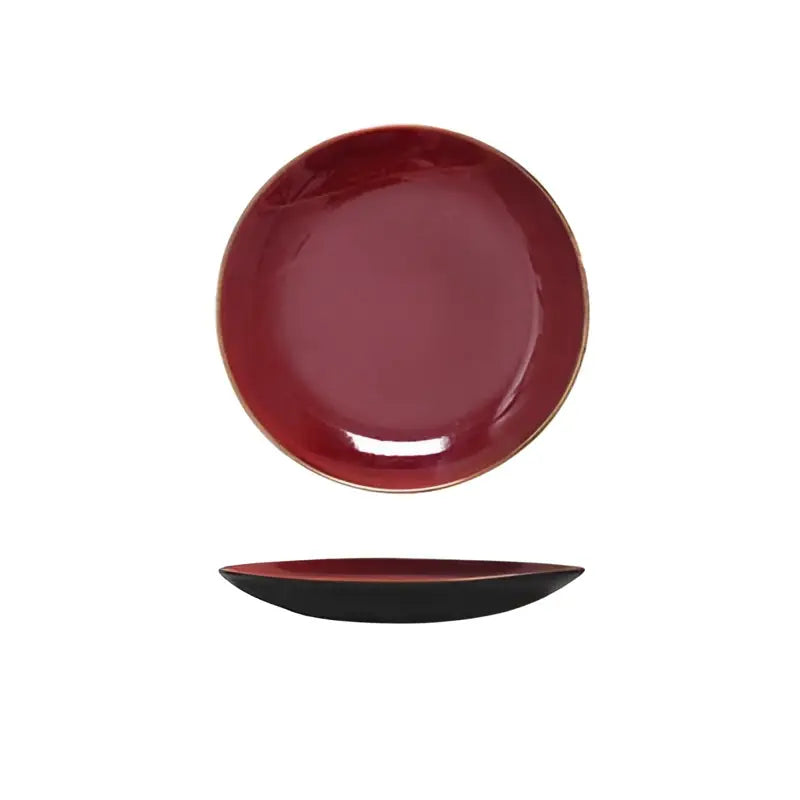 Modern glazed ceramic round plate featuring a deep red finish with subtle black gradient perfect for decorbites ceramic round use