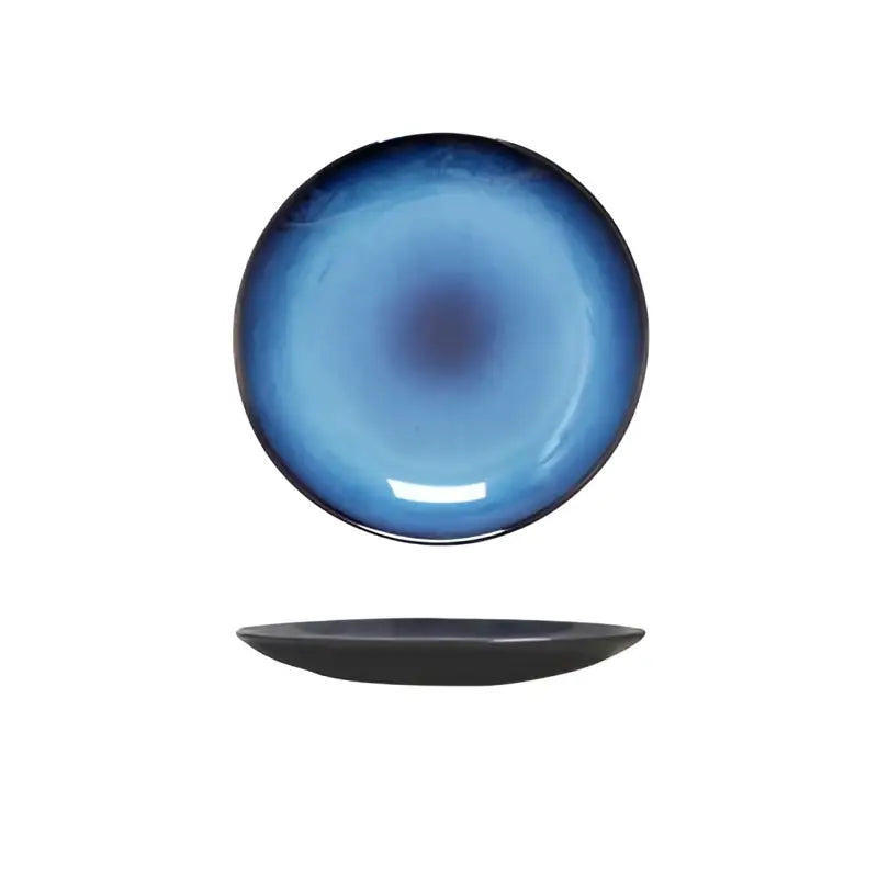 Modern glazed ceramic round plate in blue with a glossy gradient and darker rim by decorbites ceramic round plate