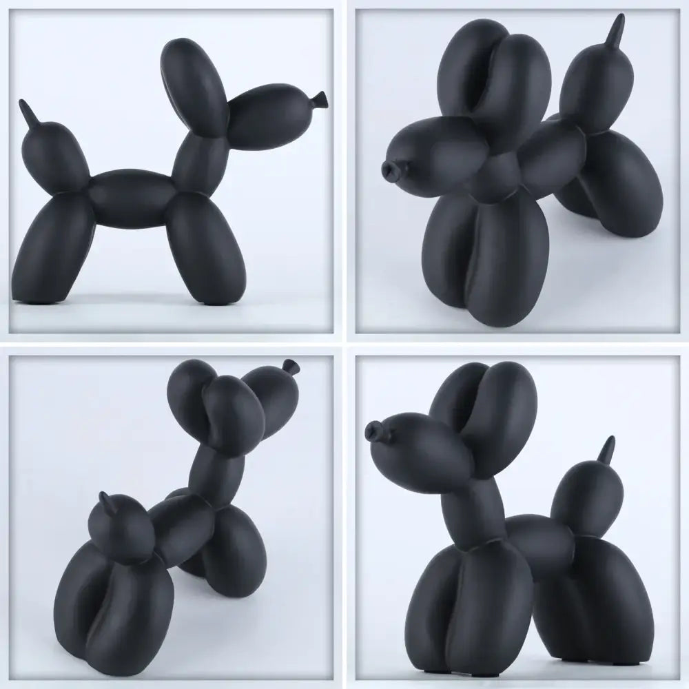 Black matte balloon dog sculpture in minimalist modern style for living room animal decor and dog sculpture display