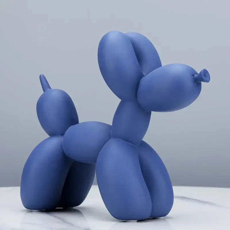 A sleek matte blue balloon dog sculpture with smooth contours for modern glossy living room decor