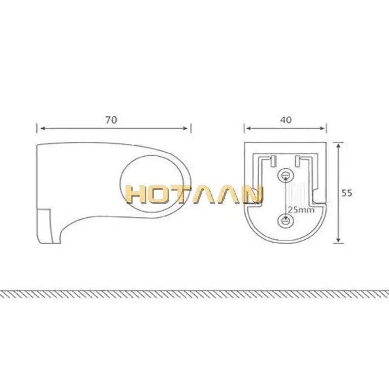 White technical drawing of a modern glossy black shower holder wall mounted bracket with decorbites black plated abs