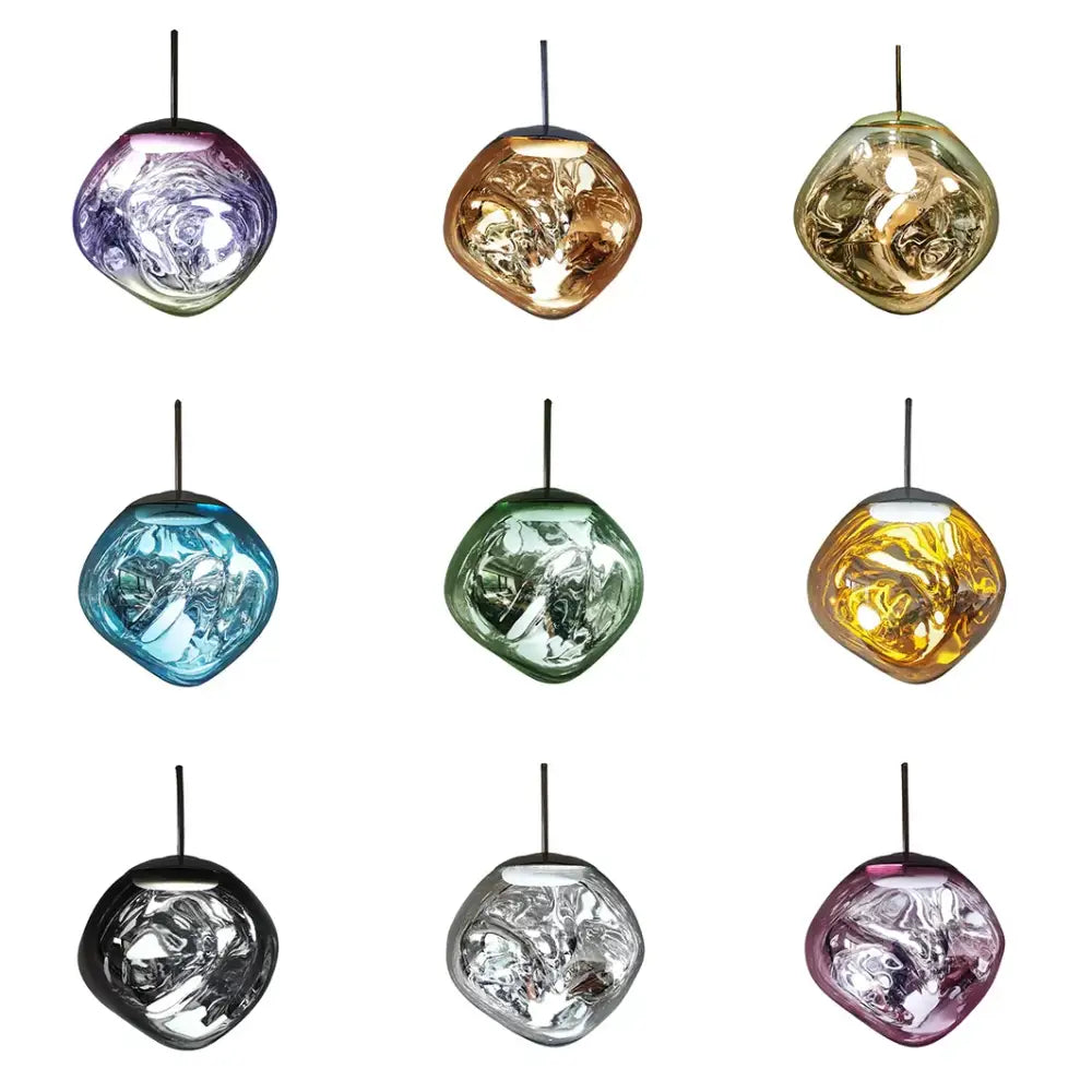 Modern glossy copper glass lava led pendant lights with vibrant iridescent swirling metallic patterns for living room decorbites glass lava