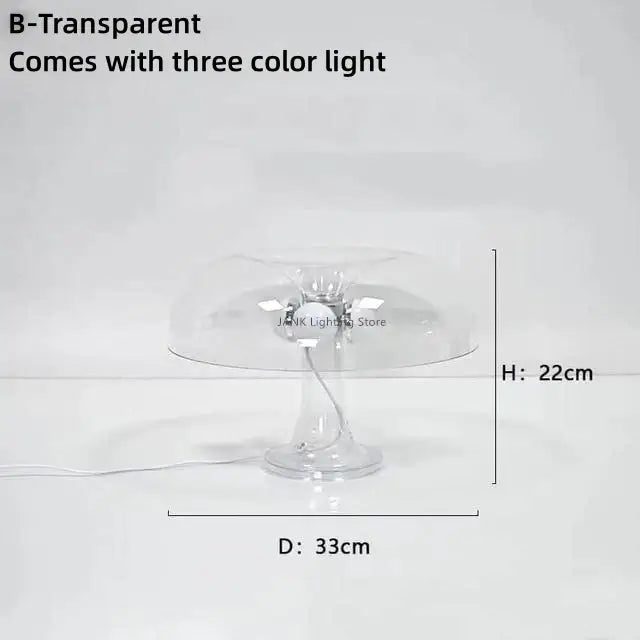 Modern glossy orange mushroom table lamp made of transparent glass with sleek design and three color led light options