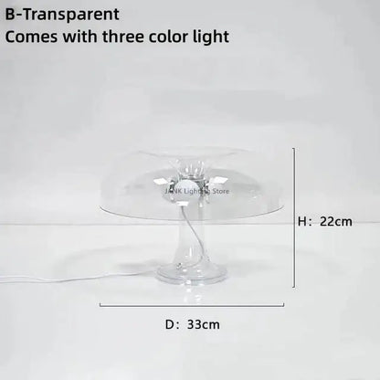 Modern glossy orange mushroom table lamp made of transparent glass with sleek design and three color led light options