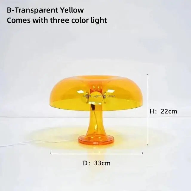Modern glossy orange transparent led mushroom table lamp with three color lighting options for bedroom use