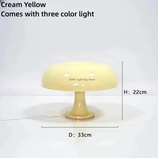 Cream yellow glossy mushroom table lamp with led lighting and three color options for modern bedroom use